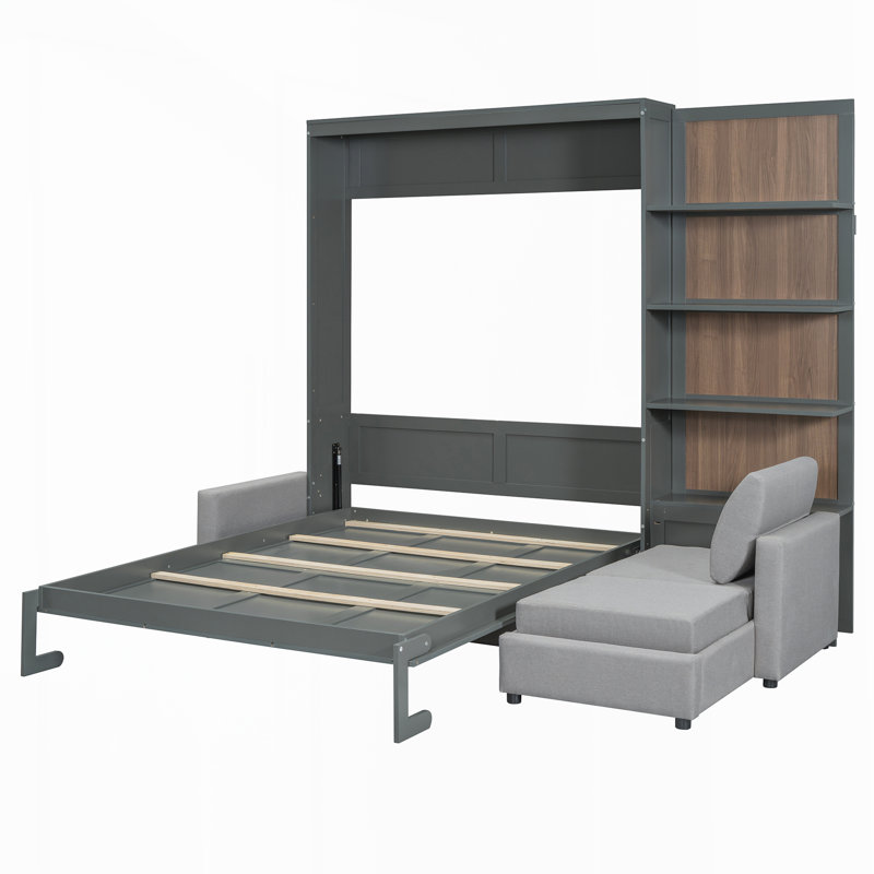 Grand lit escamotable avec canapé et tablettes, Gris
