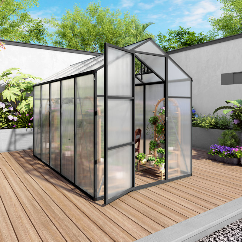 6X10 FT Polycarbonate Walk-In Greenhouse, Raised Base, 10.1' H x 6.1' W x 7.2' D