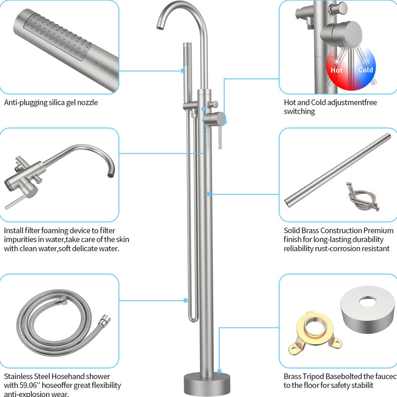 Freestanding Bathtub Faucet Tub Floor Mount Bathroom Faucets Brass Single Handle With Hand Shower High Flow Rate Max 6 GPM