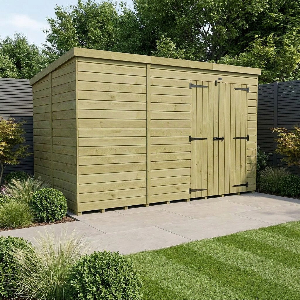 Total Sheds 12ft x 6ft Pent Garden Shed - Double Door - No Windows - Pressure Treated Timber - UK Manufactured