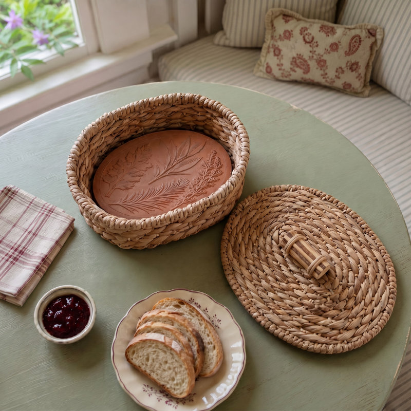 Panier chauffe-pain ovale en jonc de mer tressé à la main Éangee, avec pierre chauffante en terre cuite, persil, sauge, romarin et thym, couleur naturelle, avec couvercle.