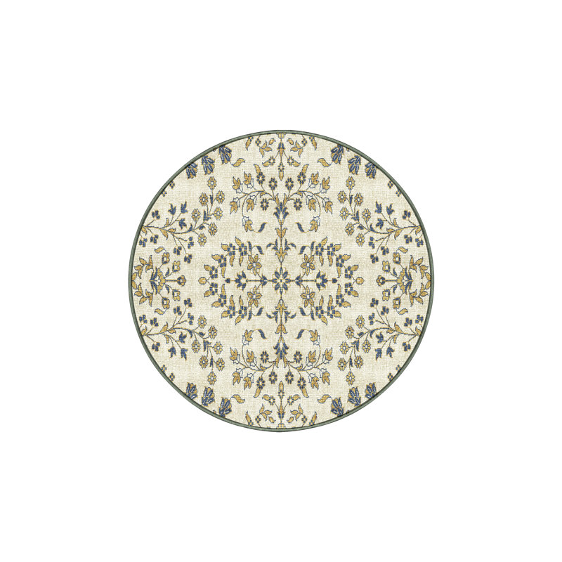 Tapis bleu / beige en chenille / polyester tissé à la main Deshan, Rond 4 pi