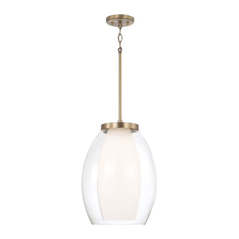 Luminaire suspendu 1 lumière en laiton vieilli l 13 po x H 18 po avec couches de verre blanc et transparent