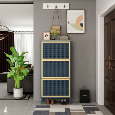 3 Metal Door Shoe Rack, Freestanding Modern Shoe Storage Cabinet, Metal Rattan, For Entryway, Shoe Storage