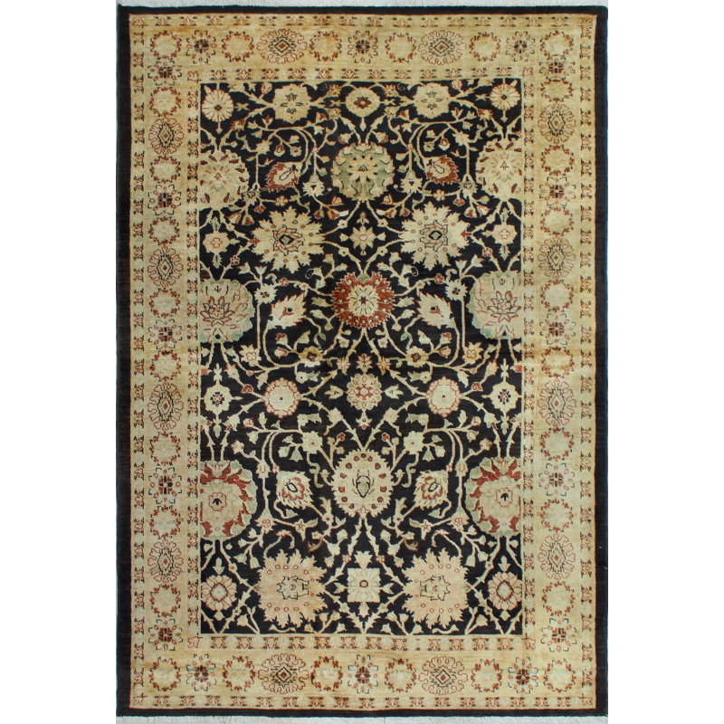 Tapis fin fait à la main Chobi Yulian - noir - beige, 5 pi 8 po x 8 pi 8 po