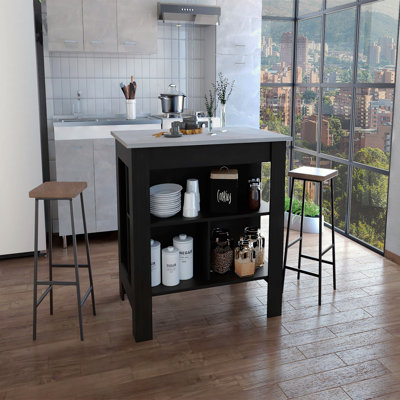 Îlot de cuisine, table de cuisine H 35 po, quatre pieds, trois tablettes de rangement ouvertes