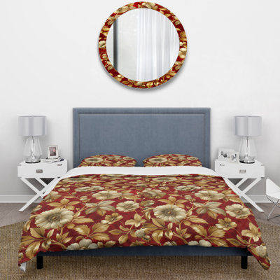 Ensemble de housse de couette à motif floral rouge et or rouge floral
