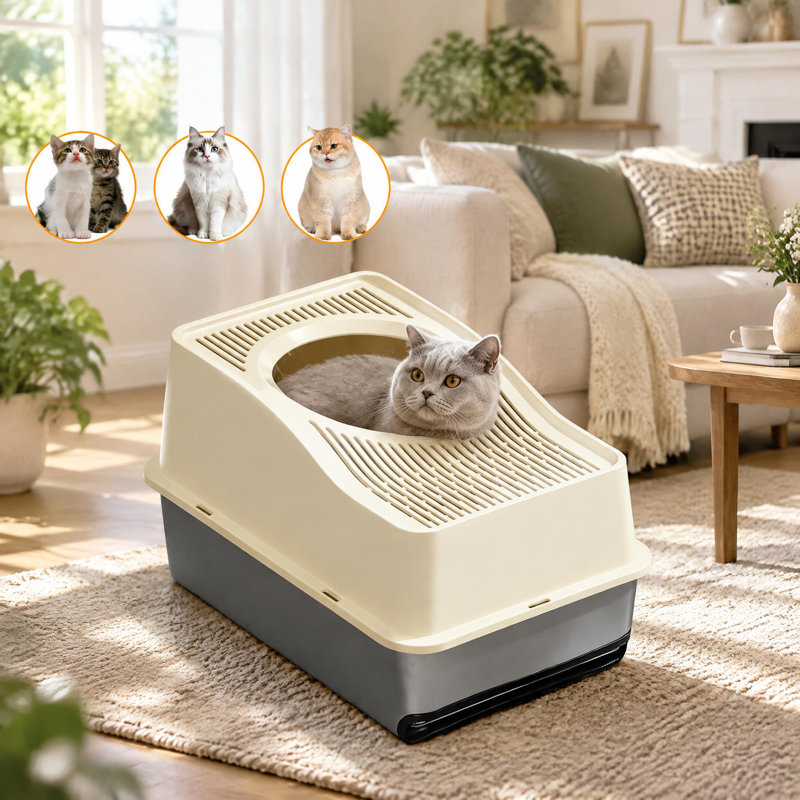 Enclosed Stainless Steel Cat Litter Box with Drawer – High Sided, Anti-Splash, Easy to Clean, Large Covered Cat Toilet for Indoor Cats – White, 60x40x35cm, Outer Stainless Steel Basin 15cm