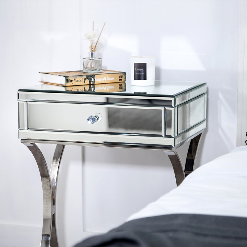 Shilah Glass Side Table Mirrored Nightstand with Storage