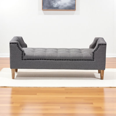 Banc Jack en tissu de lin gris avec revêtement en bois au fini espresso, H 21,3 po x l 51,6 po x P 16,9 po
