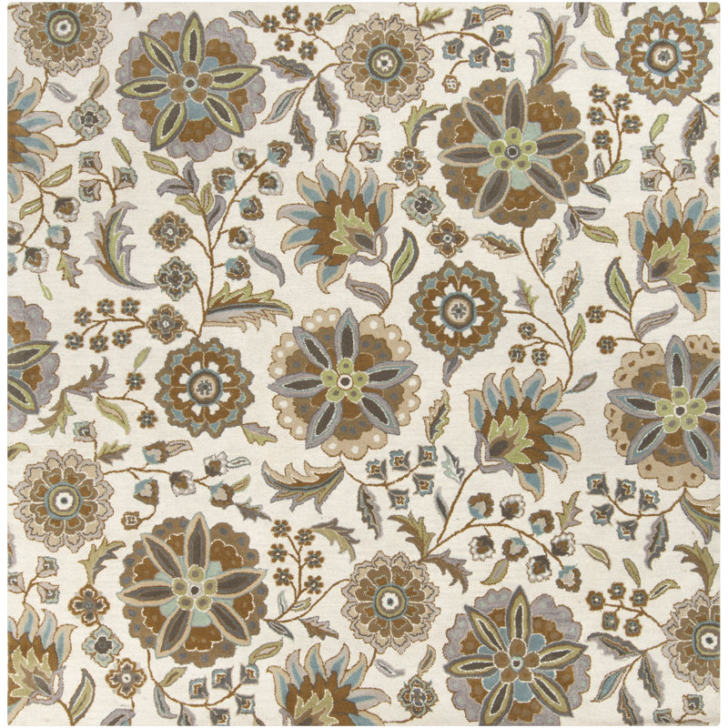 Elsberry Floral Hand-Tufted Wool Demin/Light Gray/Tan Area Rug, Square 8'