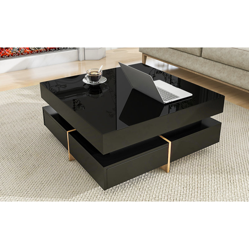 Table basse moderne à haute brillance avec 4 tiroirs, table basse carrée multi-rangement avec pieds en grain de bois, table centrale