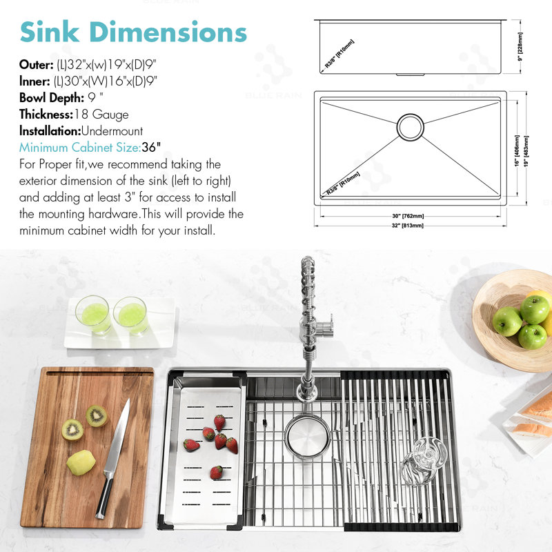 32 Inch Workstation Stainless Steel Single Bowl Undermount Kitchen Sink with Faucet and Accessories