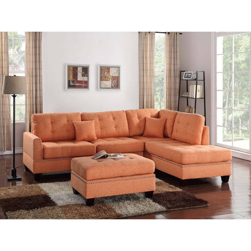 Canapé modulaire et méridienne réversible 3 pièces, Tissu orange