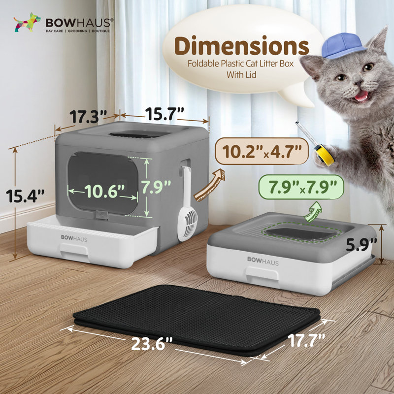 Bac à litière pliable pour chat avec couvercle pour chaton, petit bac d'entrée et de sortie à deux voies avec pelle, tapis pour chat et filtre à odeurs, bac à litière facile à nettoyer, gris foncé