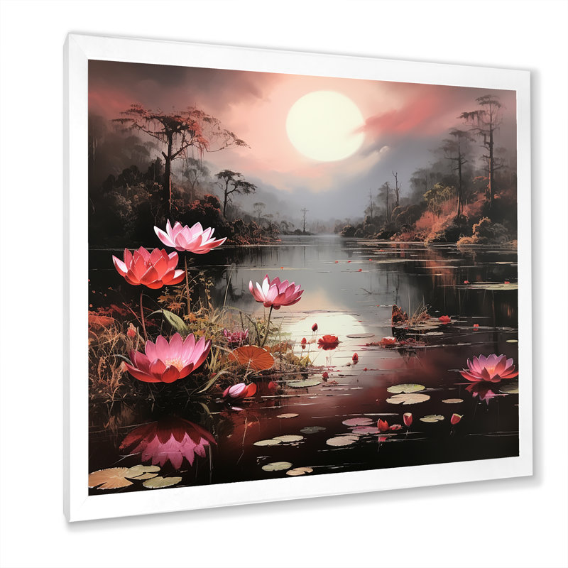 «Tropical Lake Pond Moonlight» - art mural bord de mer tropical, Cadre simple blanc, H 16 po x l 16 po x P 1 po