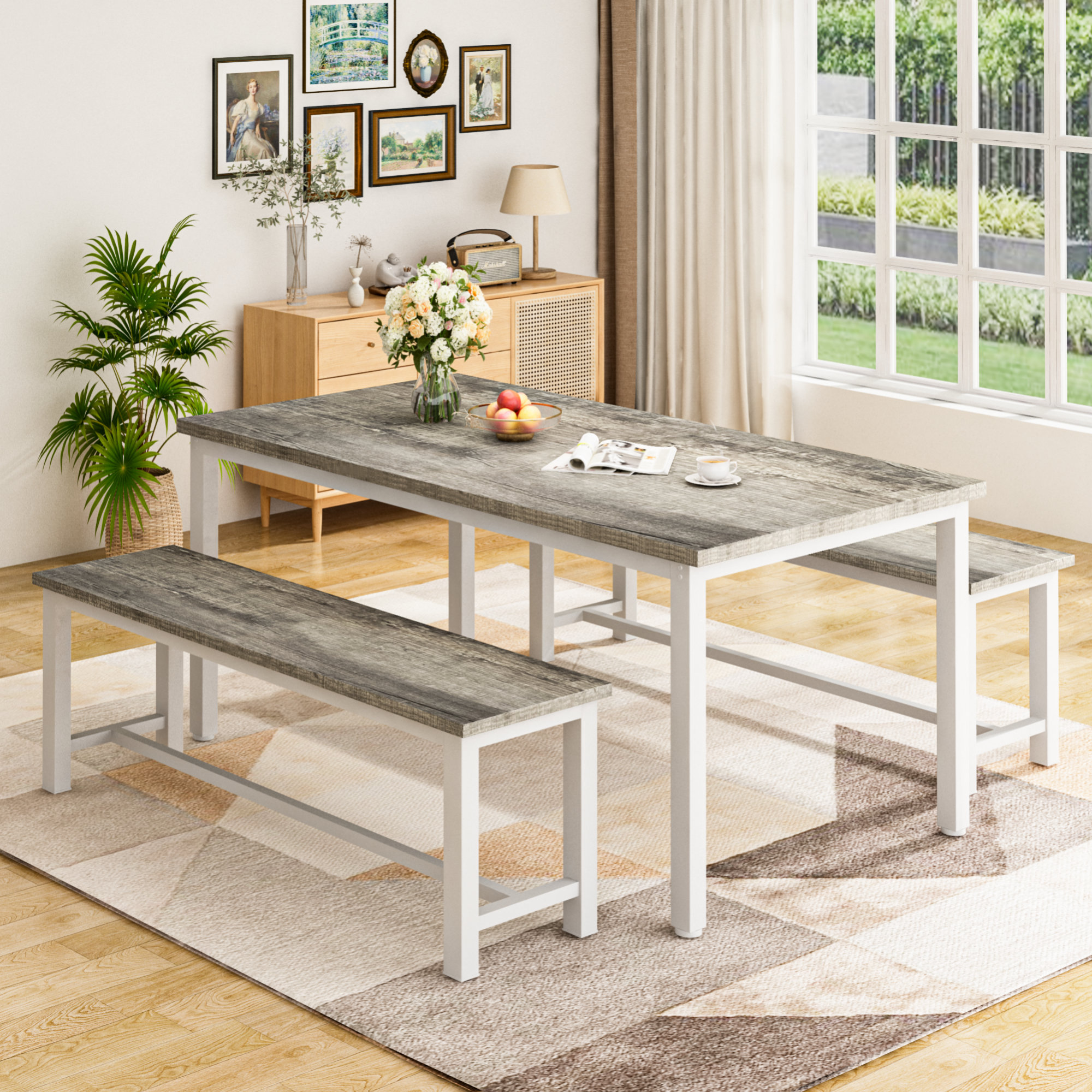 Fleur De Lis Living Dining Room Table Set With 2 Wooden Benches, Dining ...