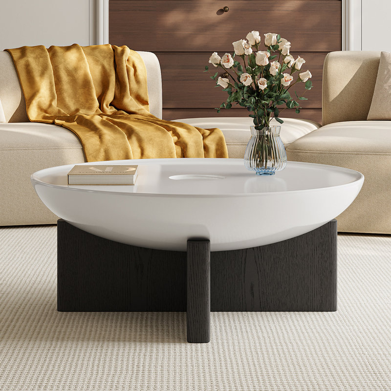 Table basse ronde moderne 35,4 po, plateau de table blanc avec base en bois noir pour le salon