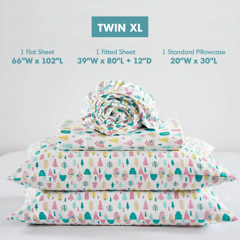 Ensemble de draps en coton 3 pièces pour lit simple XL, multicolore avec motif de sapins de Noël