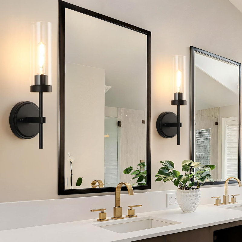 Ensemble de 2 appliques murales noires de style rustique avec abat-jour en verre transparent WILON