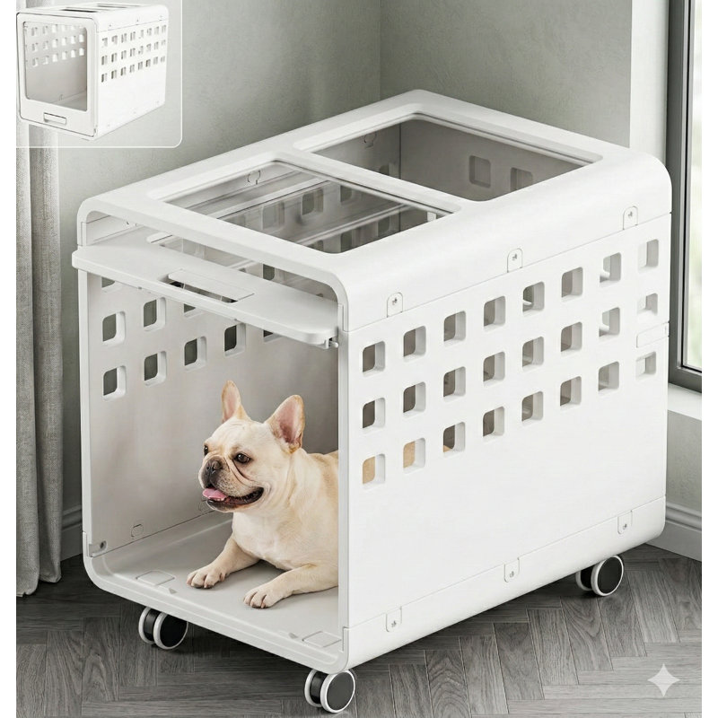 Acrylic Dog Kennel for Small to Medium Pets, Features Wheels for Mobility, Available in White and Transparent Finish