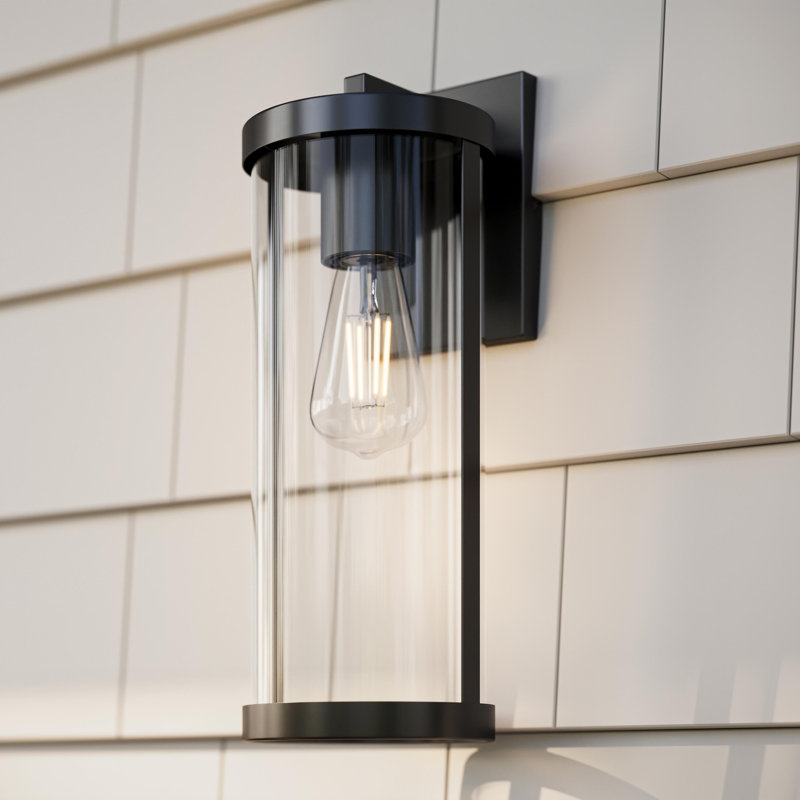 Kagen 15" 1-Light Large Matte Black Outdoor Wall Light with Clear Glass Panels, Matte Black, 15"