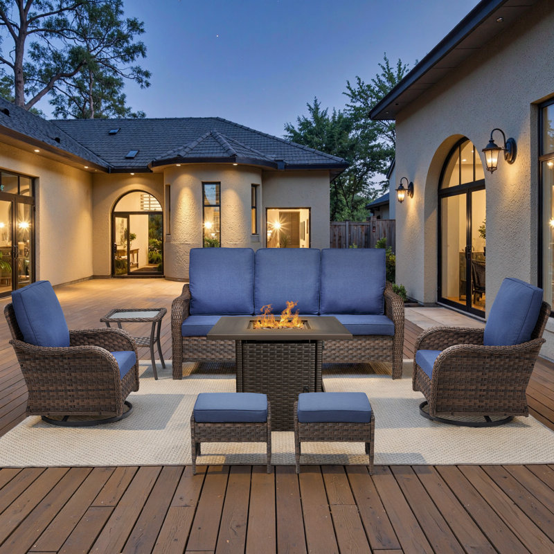 Gustave Wicker Patio Furniture Sofa Set With 55000 BTU Fire Pit Table, 360° Swivel Chairs, Blue