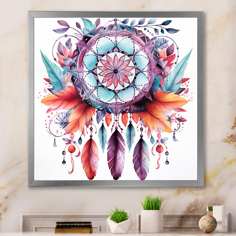 Mauve Boho Dreamcatcher, aquarelle encadrée sur toile, H 24 po x l 24 po, Cadre photo noir