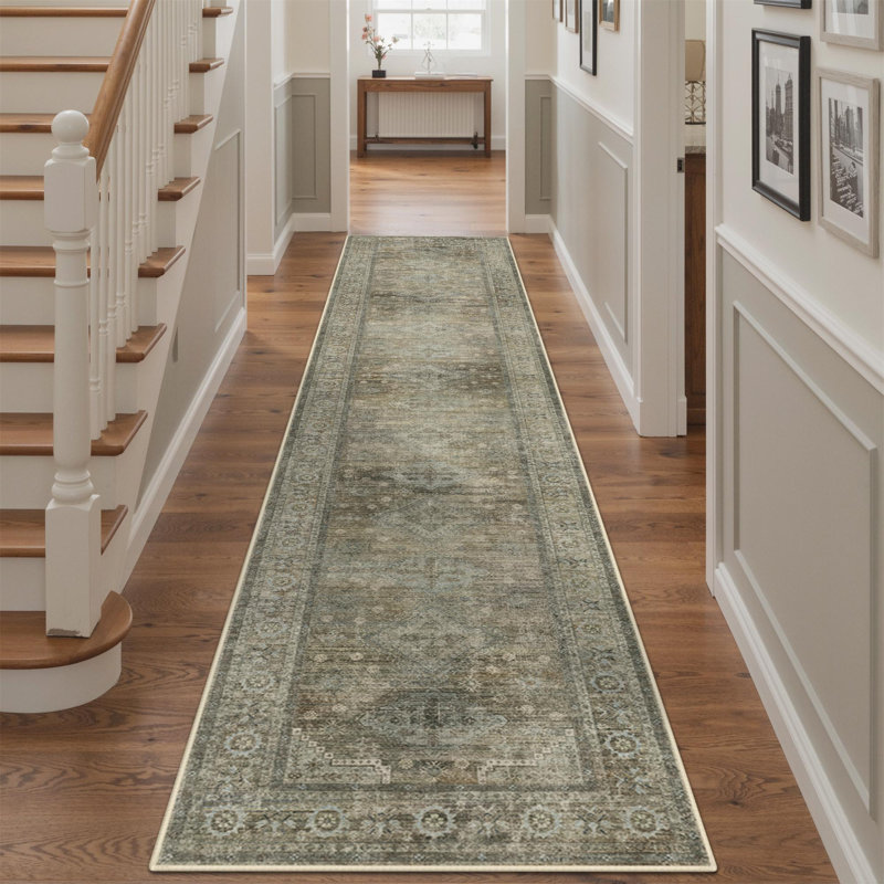 Oriental Machine Washable Sage/Gray Area Rug with Non-Slip Backing, Runner 2' x 10'