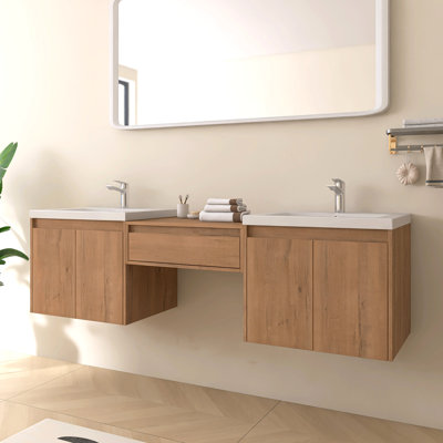 Meuble-lavabo double mural de 72 po avec 2 lavabos en résine intégrés et armoire de tiroir centrale Bellmead