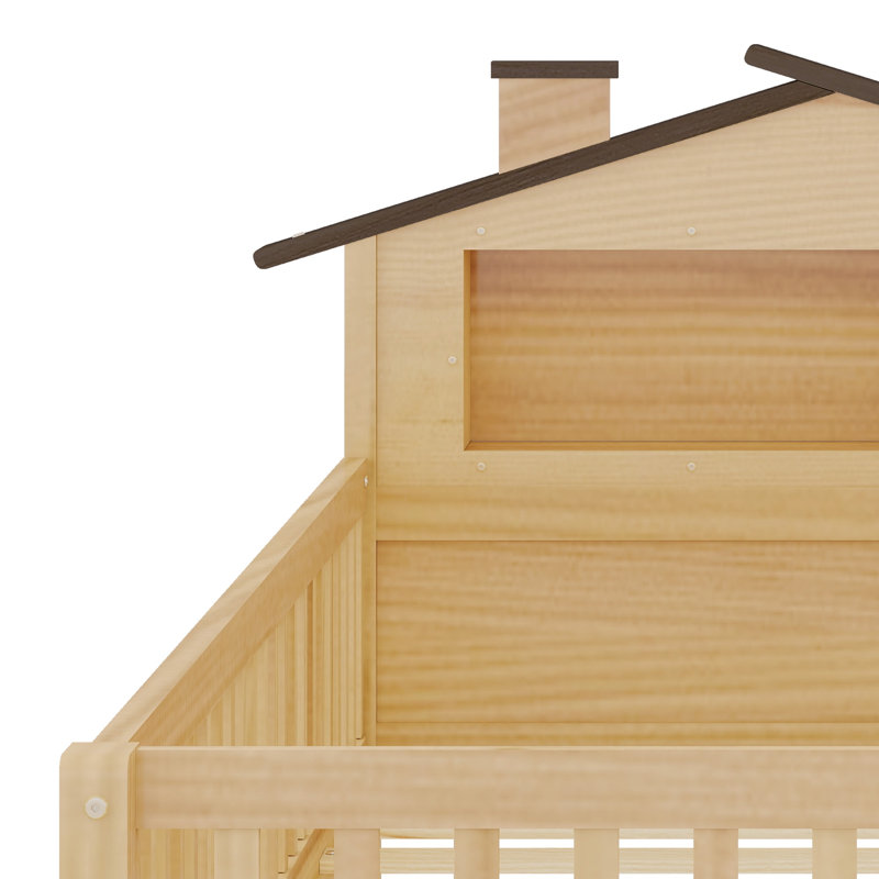 Lit plateforme en bois avec tête de lit en forme de maison, DEL et rangement intégré, Naturel