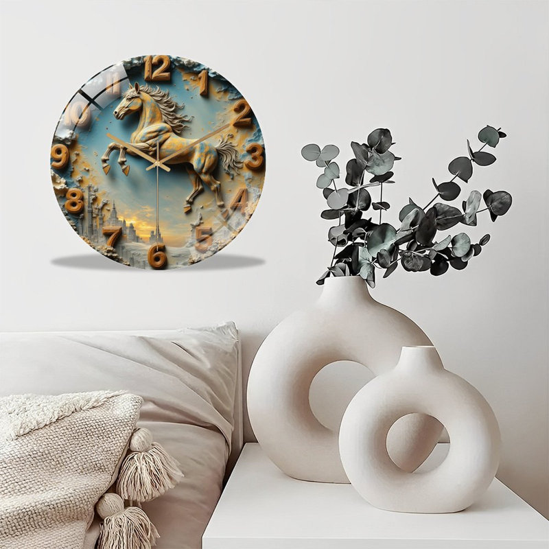 Horloge murale silencieuse en verre trempé de 30 cm, « Horloge murale Cheval », sans tic-tac, fonctionne avec des piles (piles AA non comprises), décoration artistique pour la maison