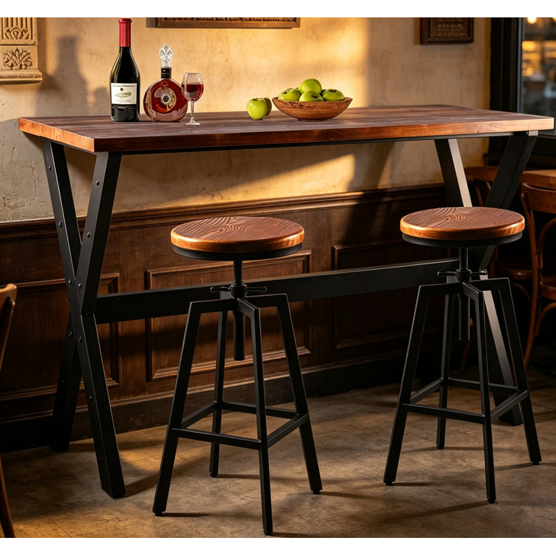 Ensemble de table et de chaises 3 pièces, bar-salle à manger café-pub, métal noir industriel et bois brun rustique, table rectangulaire à pieds en X, 2 tabourets de bar pivotants réglables