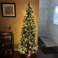 The Twillery Co.® Ocampo 7' Slender Green Artificial Pine Flocked/Frosted  Christmas Tree with 300 Lights and Pinecones & Reviews