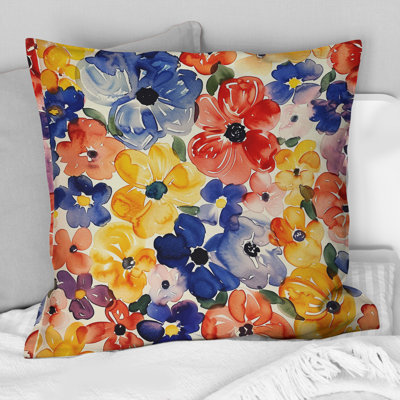 Red Blue Retro Floral Gardens - Floral Retro Throw Pillow