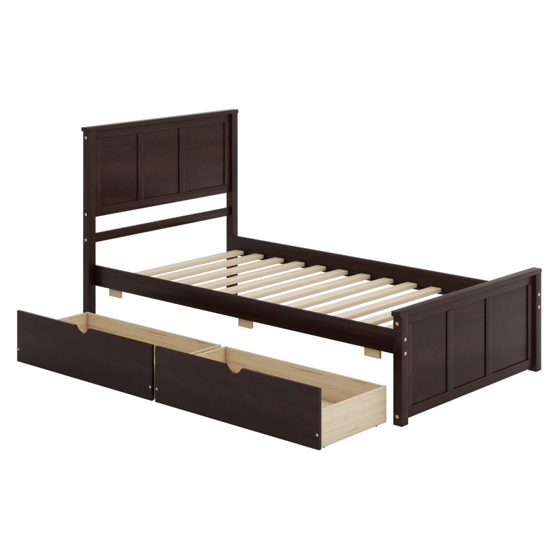 Lit plateforme avec rangement, 2 tiroirs avec roulettes, Espresso