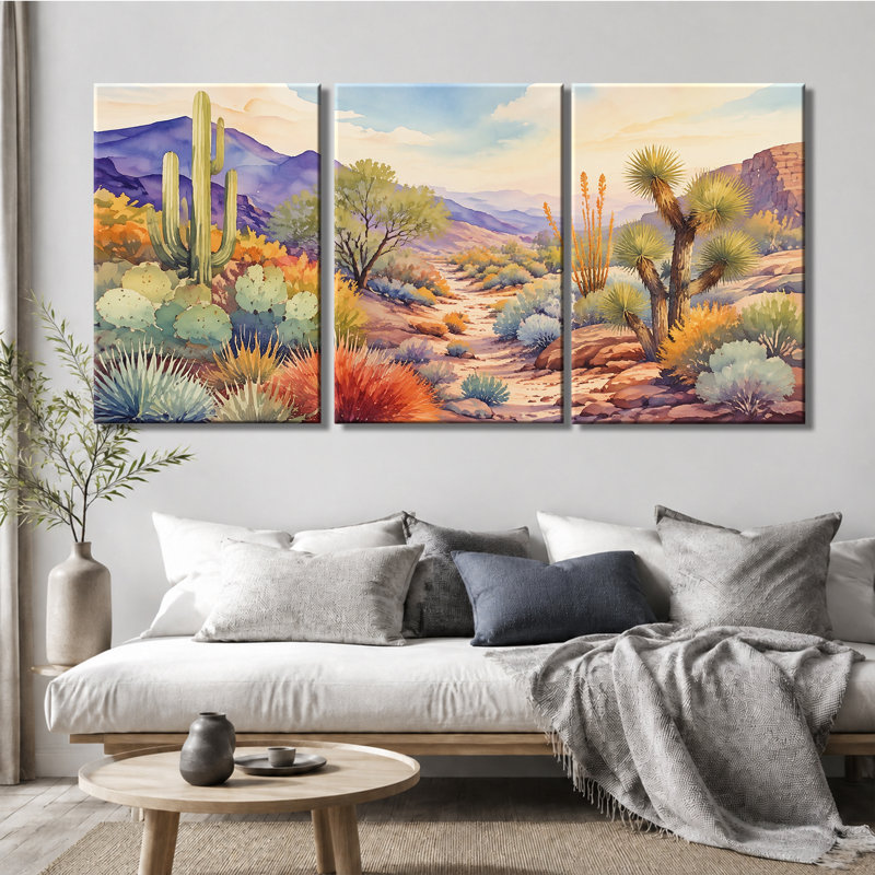 Tableau à trois panneaux, aquarelle, paysage de cactus du désert, impression sur toile tendue pour salon, 20 * 30 pouces * 3