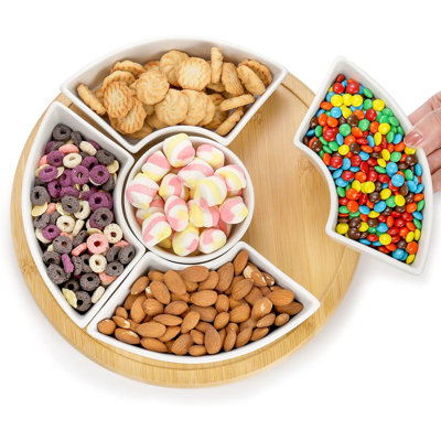 Divided Serving Dish Lazy Susan, 360° Rotatable Porcelain Appetizer Snack Tray Platter For Fruit, Veggies, Candy, Relish Tray For Christmas Thanksgiving Party, 5 Removable Compartment, White