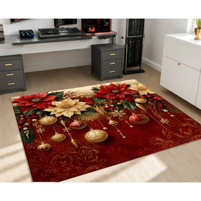 Christmas Poinsettia Machine Washable Area Rug with Non‑Slip Backing, Red Gold Ornaments Pattern Floor Carpet, Cozy Indoor Home Decor for Living Room, Bedroom, Dining, Kitchen, Entryway