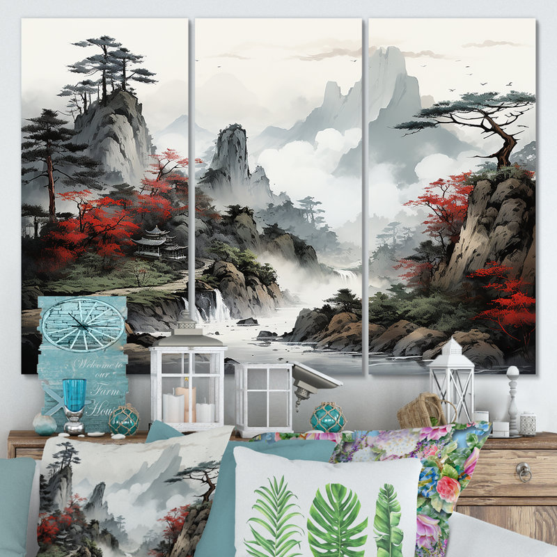 «Gray River China Landscape I», art mural Chine, Toile tendue, H 32 po x l 48 po