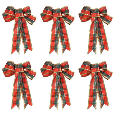 6 Pieces Burlap Christmas Decorative Bows, Handmade Bow Christmas Tree Toppers, Christmas Home Decorations, Red and Green Plaid