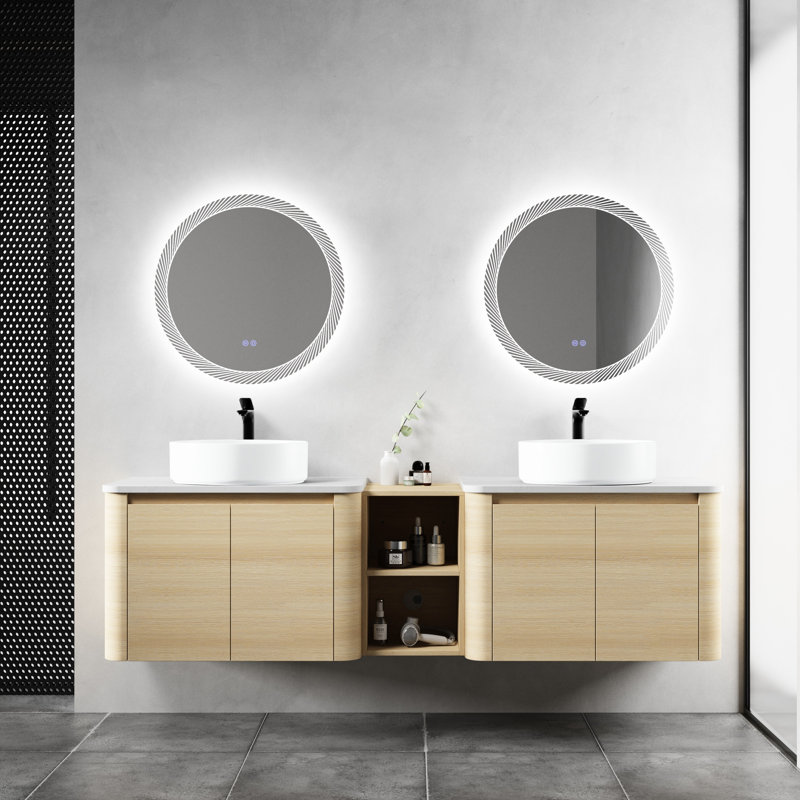 Meuble-lavabo mural 72 po avec lavabo d'art en céramique, 1 tablette de rangement, 4 portes à fermeture douce, contreplaqué, entretien facile