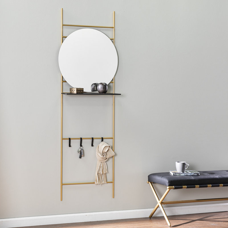Élégant miroir de hall d'entrée en fer doré avec tablette de rangement et support pour écharpe