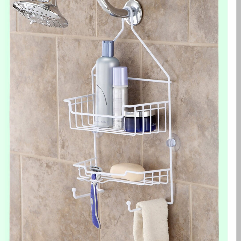 AquaGuard Rust-Resistant 2-Shelf Shower Caddy with Suction Cups and Razor Holders - White