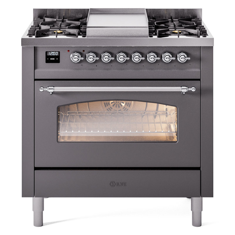 ILVE Nostalgie II Series 36 inch Dual Fuel Range with 6 Burners, Griddle (Glass Door), Graphite Matte/Chrome, Natural Gas