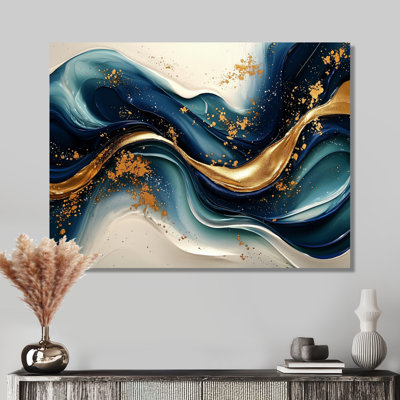 «Emerald Stone Fusion On Blue River IV - Abstract Modern Waves», art mural sur toile