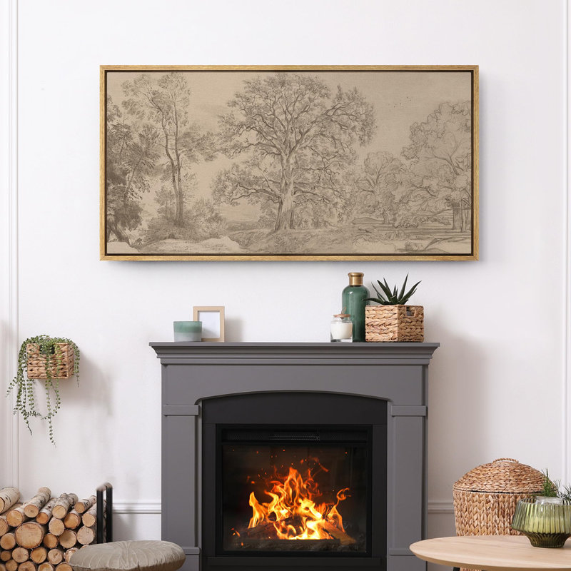 Rustic Countryside Vintage Landscape Sketch Tree and Landscape Pattern Modern Art Extra Large Artwork Print Wall Art, Natural
