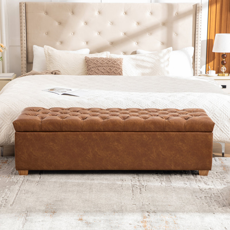  Banc de rangement 60,2 po pour bout de lit, banc de chambre rembourré capitonné, banc de repose-pieds en tissu, brun, Brown