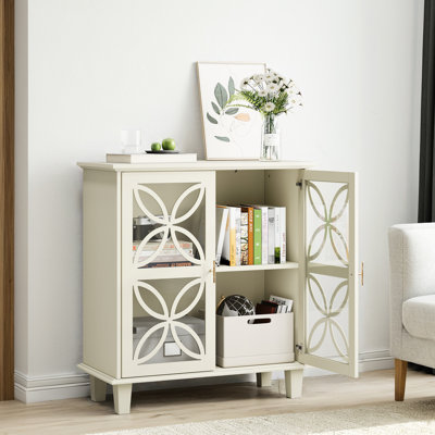 Buffet de couleur crème, console de cuisine rétro moderne avec portes en verre trempé, style minimaliste, rangement pour serviettes autoportant, accessoires quotidiens