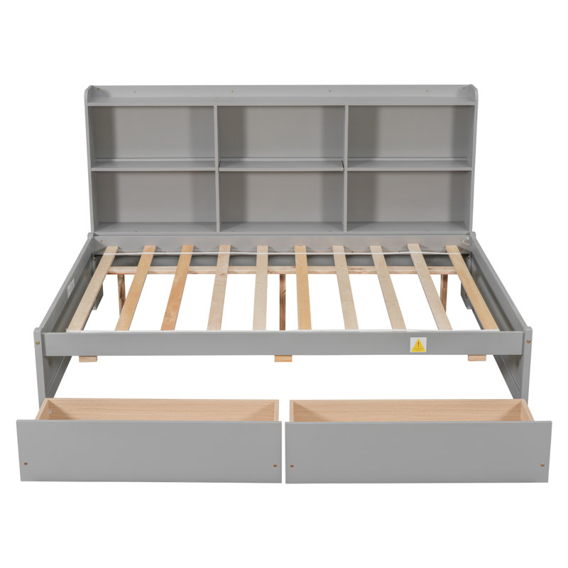 Full Bed With L-Shaped Bookcases, Drawers ,White, Gray